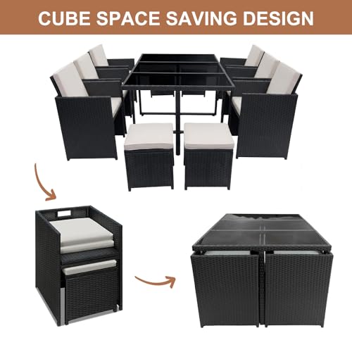 Panana 10 Seater Rattan Garden Dining Set with Large Table, 6 Chairs & 4 Stools, Space Saving Outdoor Furniture for Patio, Conservatory & Garden (Black Rattan with Beige Cushions) 6 Panana 10 Seater Rattan Garden Dining Set with Large Table, 6 Chairs & 4 Stools, Space Saving Outdoor Furniture for Patio, Conservatory & Garden (Black Rattan with Beige Cushions) - Image 6