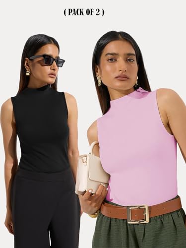 Image of KOTTY Women's Sleeveless High Neck Ribbed Tank Top Combo Pack of 2 Stylish Casual & Office Wear Tops