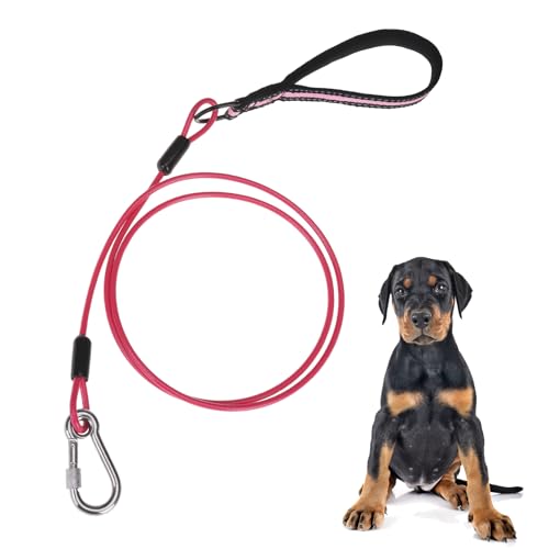Image of Mihachi Dog Leash Chew Proof, Soft Reflective Padded Handle Dog Chain Leashes, Waterproof Anti Biting Pets Leashes, Stainless Steel Wire Rope Lead for Small Medium Large Dogs Outdoor, 5FT, Pink