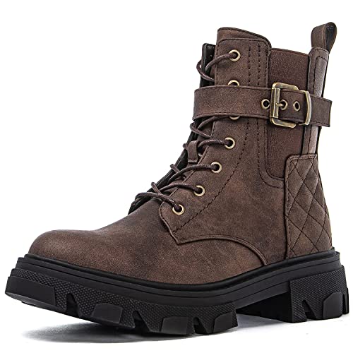 GLOBALWIN Women's Combat Boots Lace Up Brown Boots For Women Ankle Booties Comfortable Lug Sole Chunky Low Heel Size 9.5M - image 1