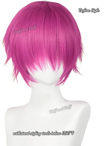 Image of Short Rose Red Anime Cosplay Wig for Men Pink Red Male Wigs with Bangs | Dark Pink Spiky Layered Synthetic Hair Wigs for Unisex Women Halloween Party Costumes