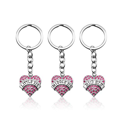 Iwensheng 3Pcs Big Sis Middle Sis Little Sis Crystal Pink Heart Pendant Sister Keychain Jewelry Sister Gifts From Sister #TOP20