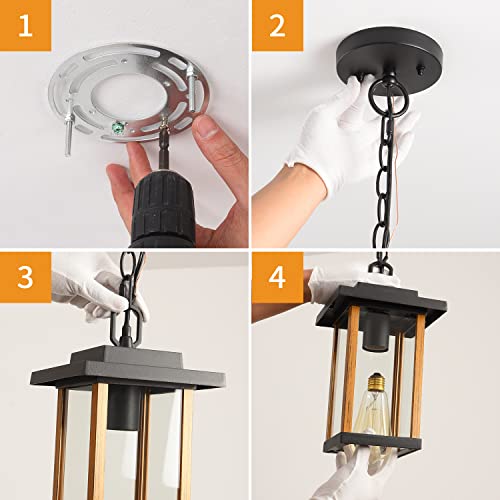 Smeike Led Outdoor Pendant Lights, Hanging Porch Lights With Clear Glass Shade, Outdoor Hanging Light For Outside Garage Driveway Patio, Wood Grain Finish & Matte Black Finish #TOP7