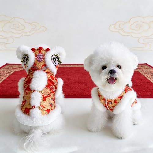 Lion Dance Dog Costume, 2026 New Year Dog Lion Dance Coat, Spring Festival Pet Costume, Winter Cat Warm Clothes for Small Medium Dogs, Schnauzers and Small Bichon Frises