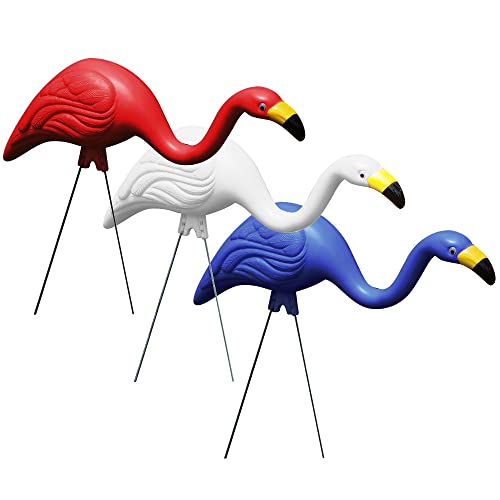 Bloem 'Merica 'Mingos Red White & Blue Flamingo Yard Stakes: 3 Pieces, Google Eyes, Galvinized Steel Legs, Durable Weatherproof Resin, for Indoor or Outdoor Use, Yard Decoration