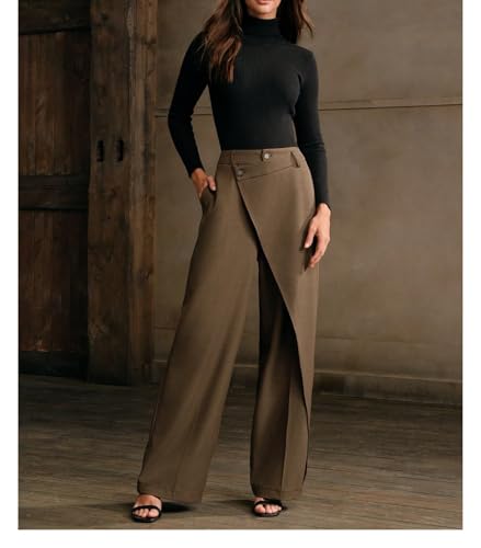 Women Casual Solid Color Asymmetrical Drape Straight Leg Office Pants Work Pants4