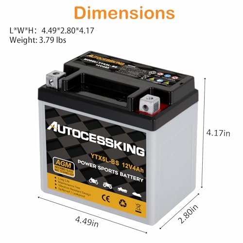 Image of YTX5L-BS Motorcycle Battery, 12V 4Ah Rechargeable Maintenance Free Sealed AGM Battery Powersport Replacement Battery for ATV and Scooter