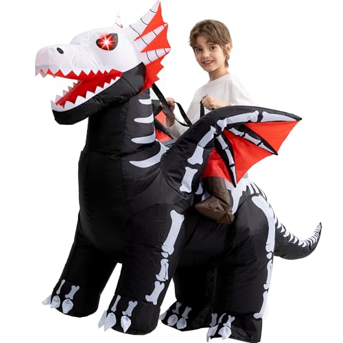 One Casa Inflatable Costume Kids,Blow Up LED Light Eyes Skeleton Dragon Suit,Ride On Halloween Costumes for Boys Girls (7-10YRS)