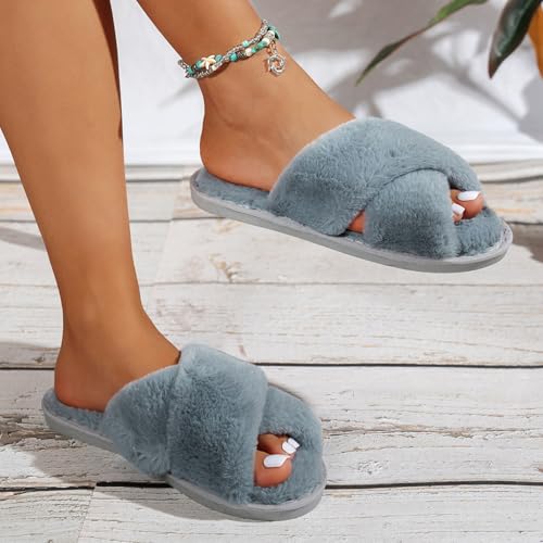 Women's Fuzzy Open Toe Slippers Comfy Cross Band Memory Foam Bedroom House Shoes Indoor Outdoor Slides Slippers4