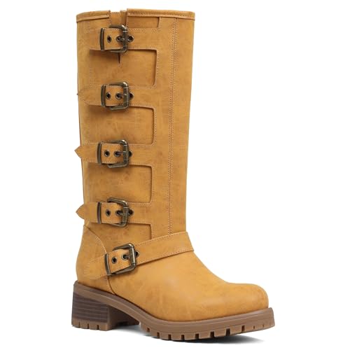 Image of AMINUGAL Knee High Boots Women Square Toe Pull On Wide Calf Riding Fashion Buckles Chunky Metallic Casual Vintage Buckle Rivet