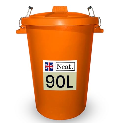 Neat. 90L Large Plastic Bin With Metal Handle, Heavy Duty Kitchen Dustbin With Lid for Easy Refusal, Indoor Outdoor Storage Container for Garden, Waste or Animal Feed - Orange 1-Pack