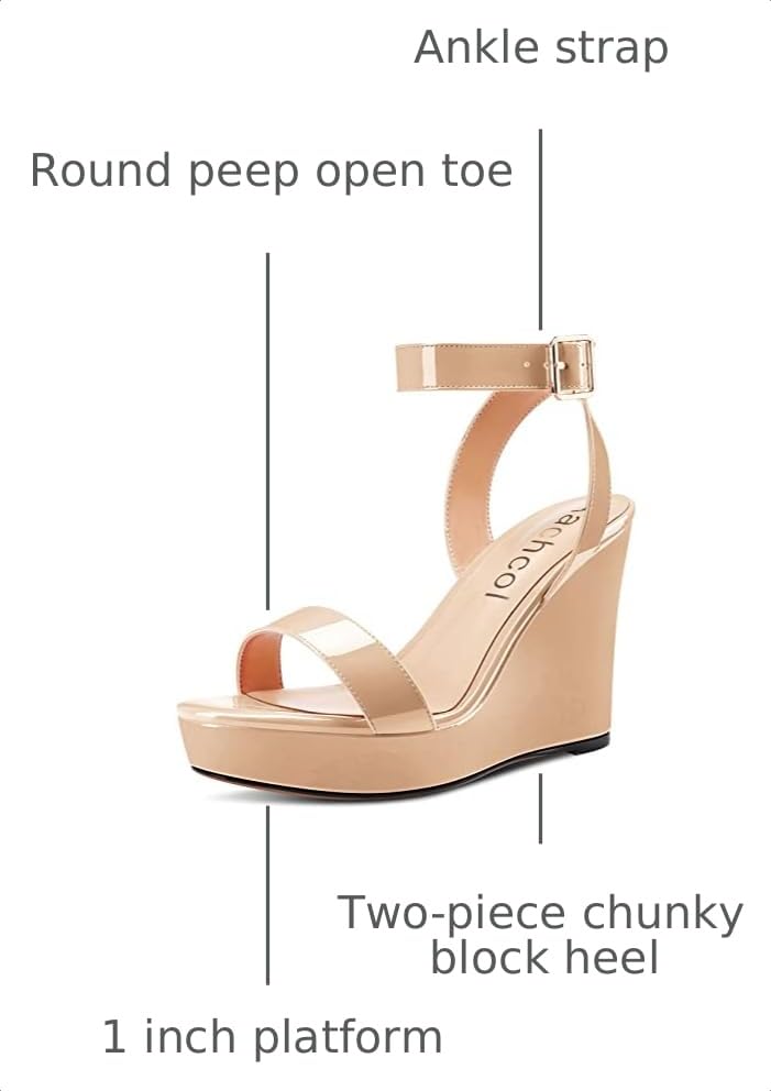 Image of Aachcol Women Platform Wedge Sandals Round Peep Open Toe Ankle Strap Slingback Two-Piece Chunky Block High Heel Dress Shoes Pumps Party Patent 4 Inch