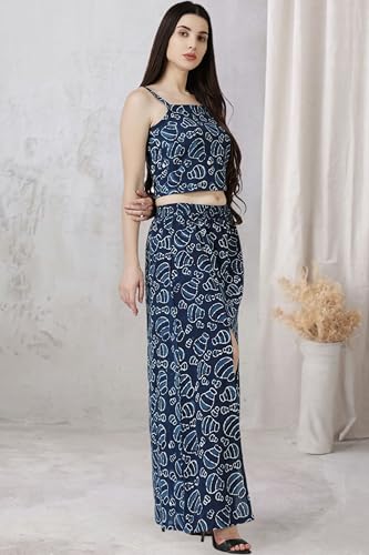 Image of POPWINGS Casual Bagru Printed Cotton Top and Skirt Set for Women || Pom Pom Top and Long Slit Skirt Set for Women || Two Piece Women Set for Summer