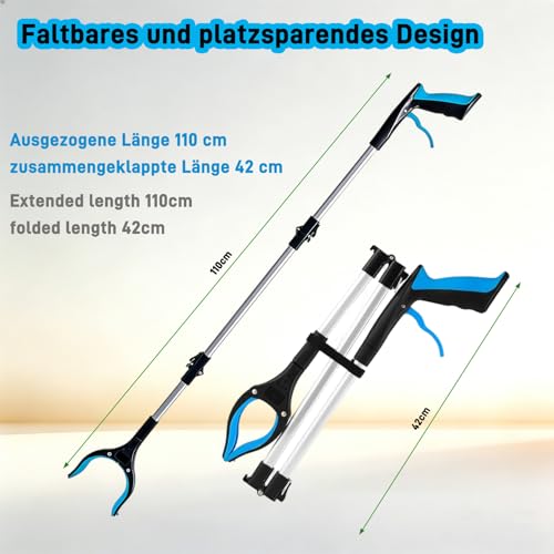 2er Set Greifzange für Senioren (110cm) – Faltbare Greifhilfe mit Magnet & 360° drehbarem Kopf, Ergonomischer Müllgreifer für Garten & Alltag, Orange + Blau