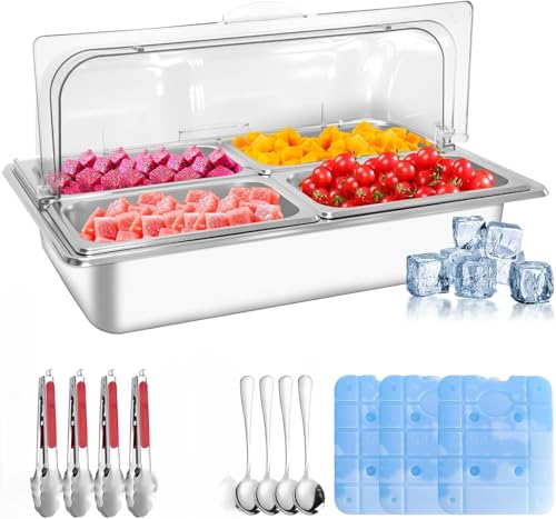 Countertop Ice Food Serving Display Tray with 4 Pan,...