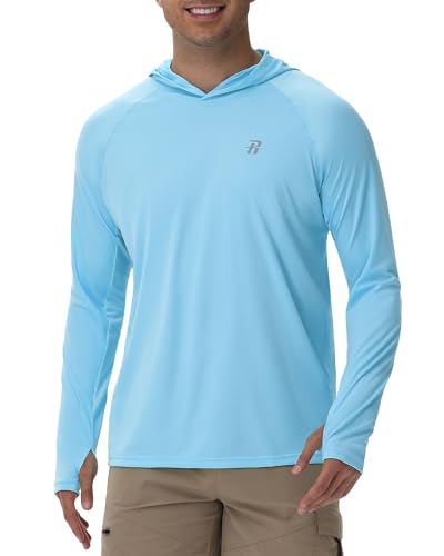 Runhit UPF 50+ Fishing Shirts for Men Long Sleeve UV Sun Protection Hoodie Outdoor Workout Hiking Running Rash Guard Lightweight Quick Dry Light Blue L