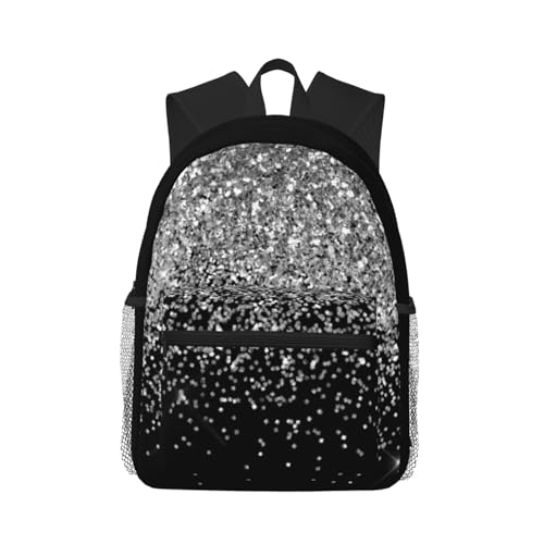 Silver Black Glitter Sparkle Casual Backpack – Lightweight Travel Daypack, Multi-Pocket Laptop Hiking Bag, Durable Polyester Pack For Outdoor Camping Cycling
