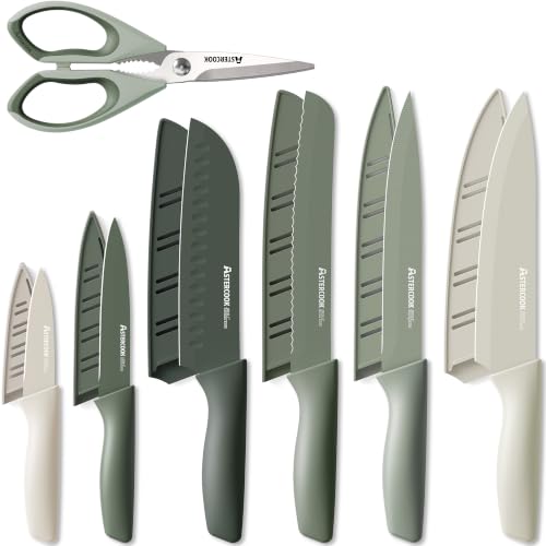 Astercook Knife Set, 13 Pieces Kitchen Knives Set with Healthy Anti-Rust Coating, Dishwasher Safe, Stainless Steel Chef Knife Sets with 6 Blade Guards, Perfect Holiday Gifts for Kitchen Green