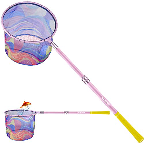 PLUSINNO Kids Fishing Net, Landing Net with Carbon Fiber Telescopic Pole Handle and Ultralight Plastic Ring, Pink Catch and Release Butterfly Net for Kids