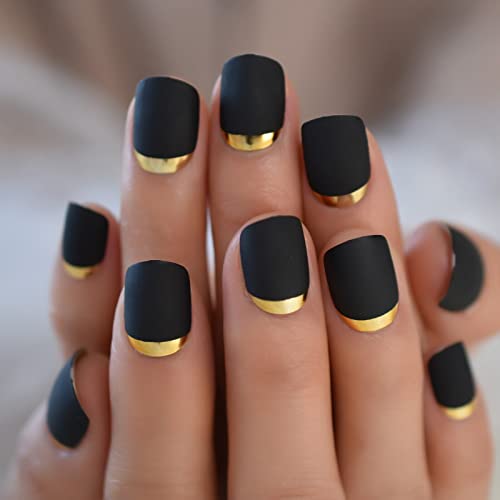 Ibeautying Press On Nails - Matte Black Gold Metallic Line French False Nails | Frosted Finish Medium Short Square Shape Reusable Fake Nails - 24 Nail Kit With Jelly Glue Pad #TOP16
