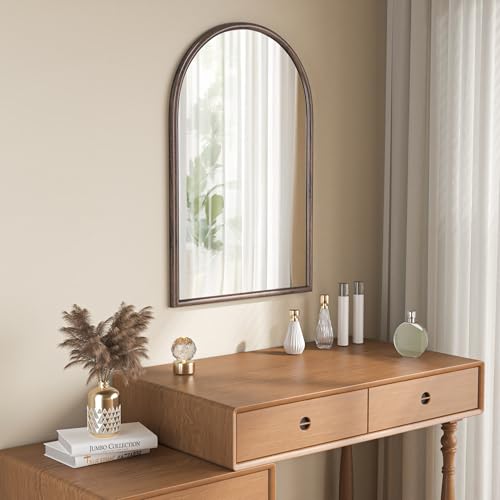 Image of 24 inchx36 inch Arch Wall Mirror for Wall, Wall Mounted Vanity Mirror for Bedroom, Wood Grain Finish Frame Mirror with Tempered Glass, Vintage Decorative for Bathroom, Entryway, Living Room, Walnut