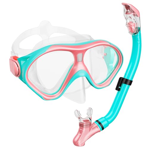 Kids Snorkel Set, Dry Top Snorkeling Gear Kids Swimming Goggles, Anti-Fog Tempered Glass Snorkel Mask with Foldable Breathing Tube, 180 Degree Full...
