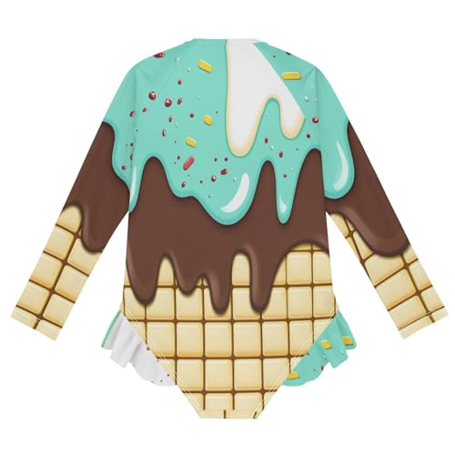 CaTaKu Girls One Piece Swimsuit Cute Ice Cream Waffle Toddler Bathing Suit Long Sleeve UPF 50+ Rash Guard Swimwear 3-12Y2