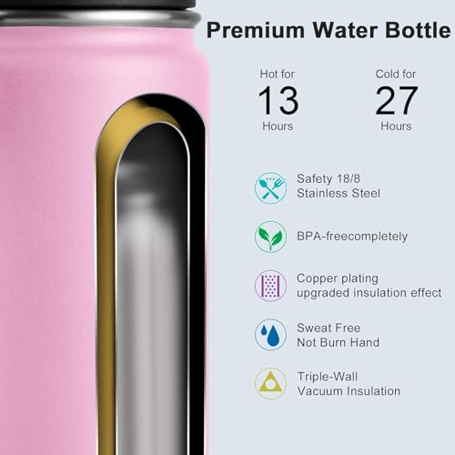 Image of koodee Water Bottle for School-12 oz Stainless Steel Vacuum Insulated Wide Mouth Flask with Leakproof Spout Lid (Pink)