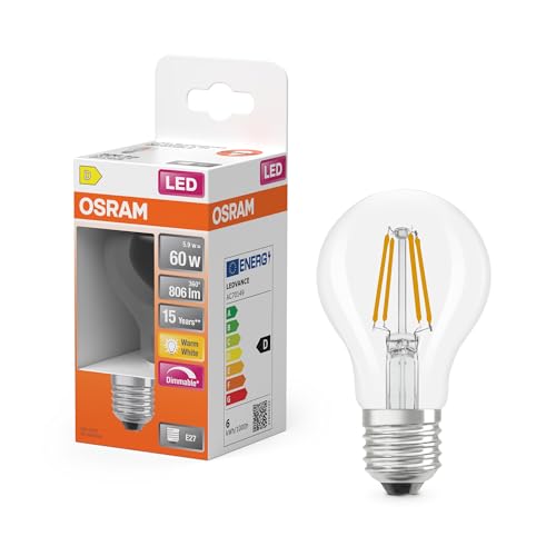 Osram LED-Lampe Superstar Kolbenform A60 Filament dimmbar 2700 K warmweiß 5 9 W E27 klar 806 lm für Decken- und Stehleuchten 15.000h