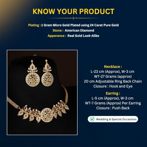 Image of Sasitrends Temple Wear Gold Plated AD Studded Choker Necklace With Earring Jewellery Set For Women & Girls