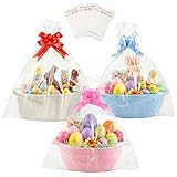 SEISSO 3 Pack Small Woven Basket for Gifts, Empty Baby Gift Baskets Hamper Kit for Easter Birthday Baby Shower Toys with Gift Bags Ribbon Bows Cards, 30 x 20 x 13 cm, White, Pink, Blue
