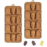 EDUEE Skull Chocolate Molds Halloween Gravestone Silicone Molds for Ice Cube Cupcake Cake Topper Decoration Set of 2