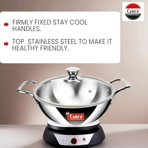 Image of Camro Triply Artisian kadhai 1.2 Liters with Glass Lid | Kadhai for Deep Frying | Kadhai Induction Base | Kadai for Cooking Stainless Steel | Induction Friendly Dishwasher Safe | 6 Years Warranty