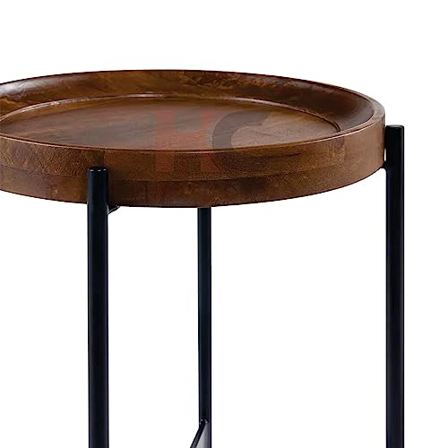 Image of Hamdan Round Coffee Table,Rustic Wood with Storage Shelf, Modern Farmhouse Circle Coffee Table Tray Table with Sturdy Metal Legs Home Furniture-Black Walnut