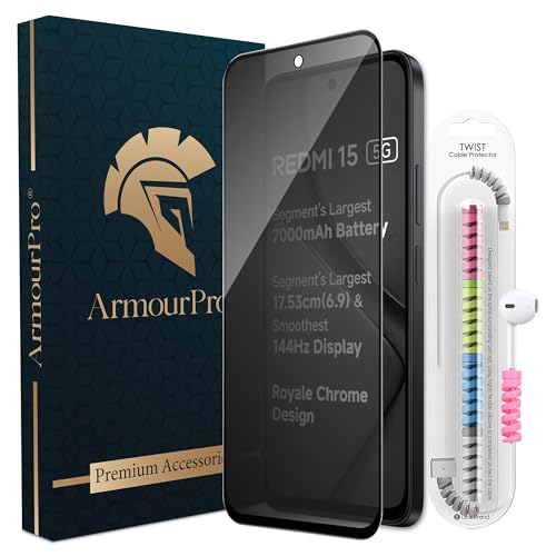 Image of ArmourPro Privacy Tempered Glass for Redmi 15 and Poco M7 Plus, Anti Spy Anti Peeping Screen Protector, Edge-to-Edge Full Coverage, 9H Hardness with Cable Protector | Black