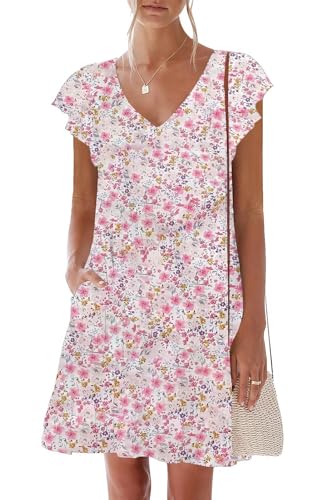 Image of nclook Womens Summer Casual Dresses Sweet Cute V Neck Mini Dress with Pockets Ruffle Short Sleeve