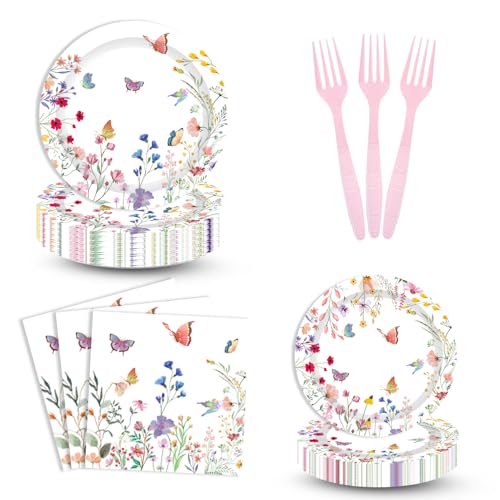 MAYSSKQ 96PCS Wildflower Plates and Napkins Spring Floral Birthday Baby Shower Wedding Tableware Set Summer Floral Party Table Decorations Favors Serves 24 Guests