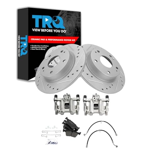 Image of TRQ Performance Rear Brake Pad and Rotor Set Ceramic Slotted Drilled 260mm Rotors Calipers Compatible with 2016-2019 Honda Civic