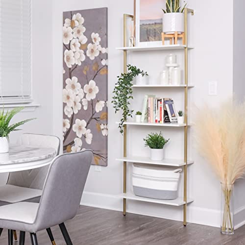 Superjare Modern Ladder Shelf, 5-Tier Open Wall-Mounted Bookshelf With Stable Metal Frame, 72 Inches Storage Rack Shelves, Stand Bookcase For Home Office - White/Gold #TOP1
