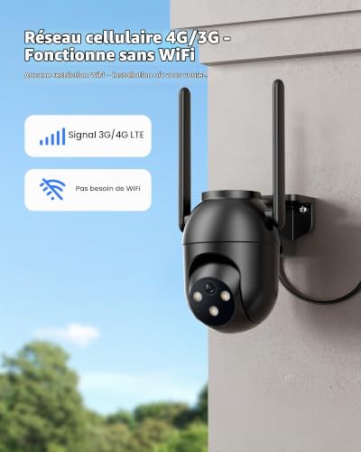 SIIOOE 4G LTE Camera Surveillance Exterieur avec SIM: 2K HD Camera de Surveillance sans Internet - 360° PTZ Caméra Vision Nocturne Couleur Détection Humaine Audio IP66 Bidirectionnel Noir - Câblée – vue 2