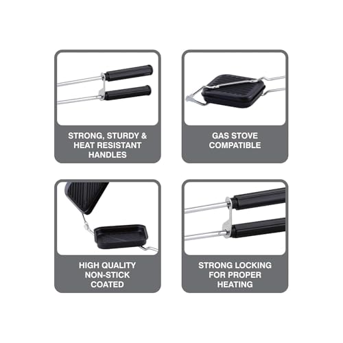 Image of Non-Stick Grill Sandwich Toaster Gas Stove Compatible, Easy to Clean, Ideal for Grilled Sandwiches, Paninis & Tikkas | Durable Aluminium Body (Black)