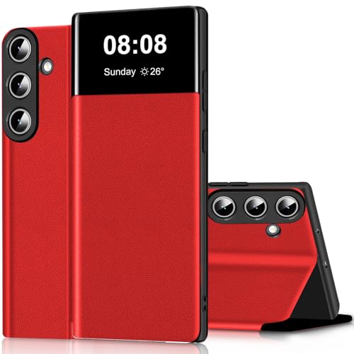 Étui Samsung S24 Clear View rouge en cuir antichoc avec porte-carte