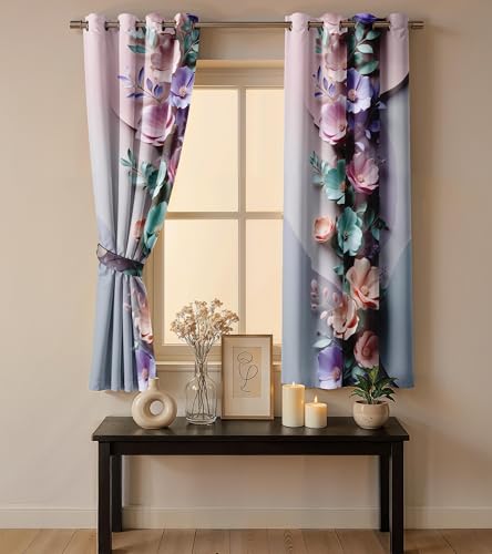 Image of Ultimate Trends Room Darkening Digital Printed 3D Prints Curtain 65-70% Opacity,Diamond Eyelets, Tie Back, Floral Decorated, 9 FEET Pack of 1,Slate Gray