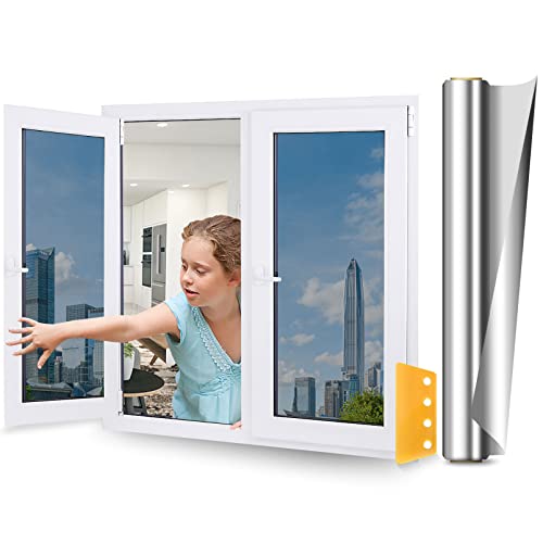 Envägs fönster integritetsfilm, värmekontroll och anti-UV fönsternyans för hem, solblockerande fönsterfilm se ut inte i, explosionssäker fönsterfästande integritetsfilm (silver, 80 cm x 40 fot)