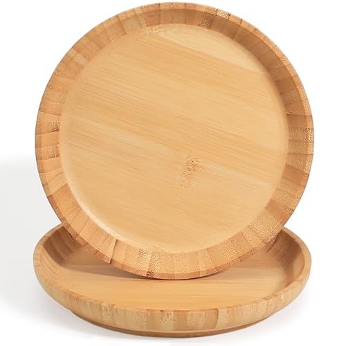 ZTHapwa Bamboo Dinner Plates Set of 2, 7.5-inch Wooden Serving Plates with Raised Edges for Snack/Dessert, Round Lightweight Dishes Doubles as Pasta Bowls for Fruit/Salads, Wide and Shallow