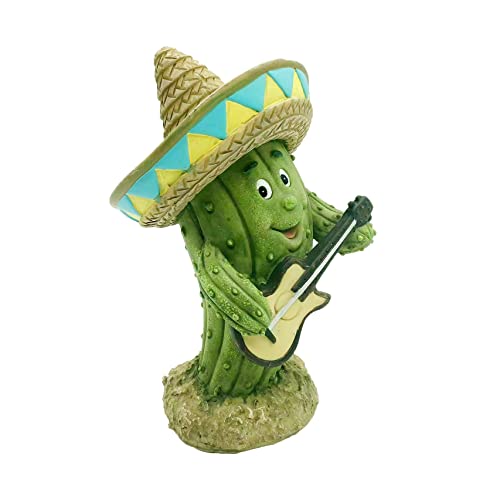 Floryden Western Comic Cactus Statue With Guitar In Mexican Hat，Cactus Baby Figurine For Modern Home Decor Tabletop Shelf Decor, Resin 7.28” H #TOP2