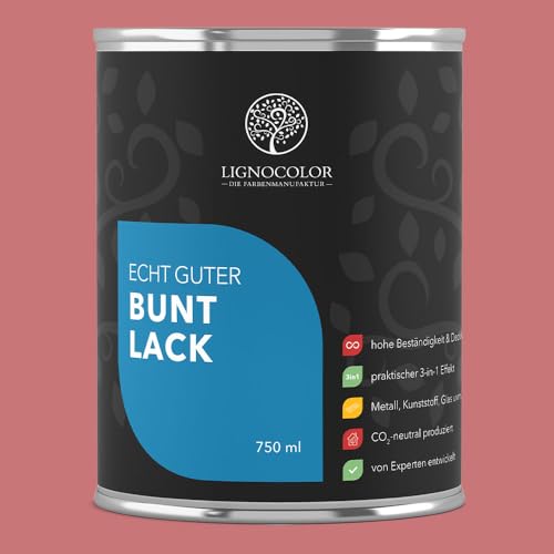 Lignocolor Buntlack glänzend (750 ml, Altrosa) | hochbeständiger Lack für Holz, Metall, Kunststoff & Kinderspielzeug
