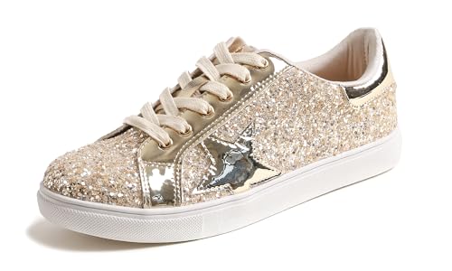 FEVERSOLE Women's Fashion Lace Up Dress Sneakers Sparkly Party Shiny Shoes