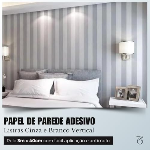 Papel de Parede Adesivo Lavável Autocolante - Listras Cinza e Branco Verticais - Decoração Moderna p
