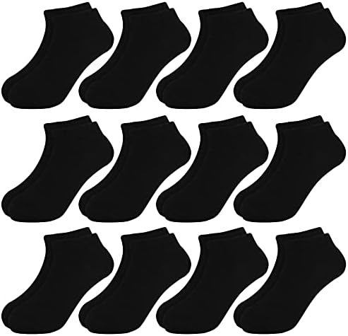 BOOPH 12 Pairs Kids Ankle Socks Boy Girls Half Cushion Socks 12-16 Years Black
